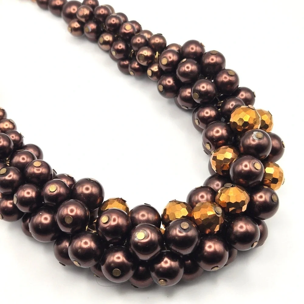 Ethel & Myrtle Chocolate‎ Faux Pearl and Gold Faceted Bead Cluster Bib Necklace